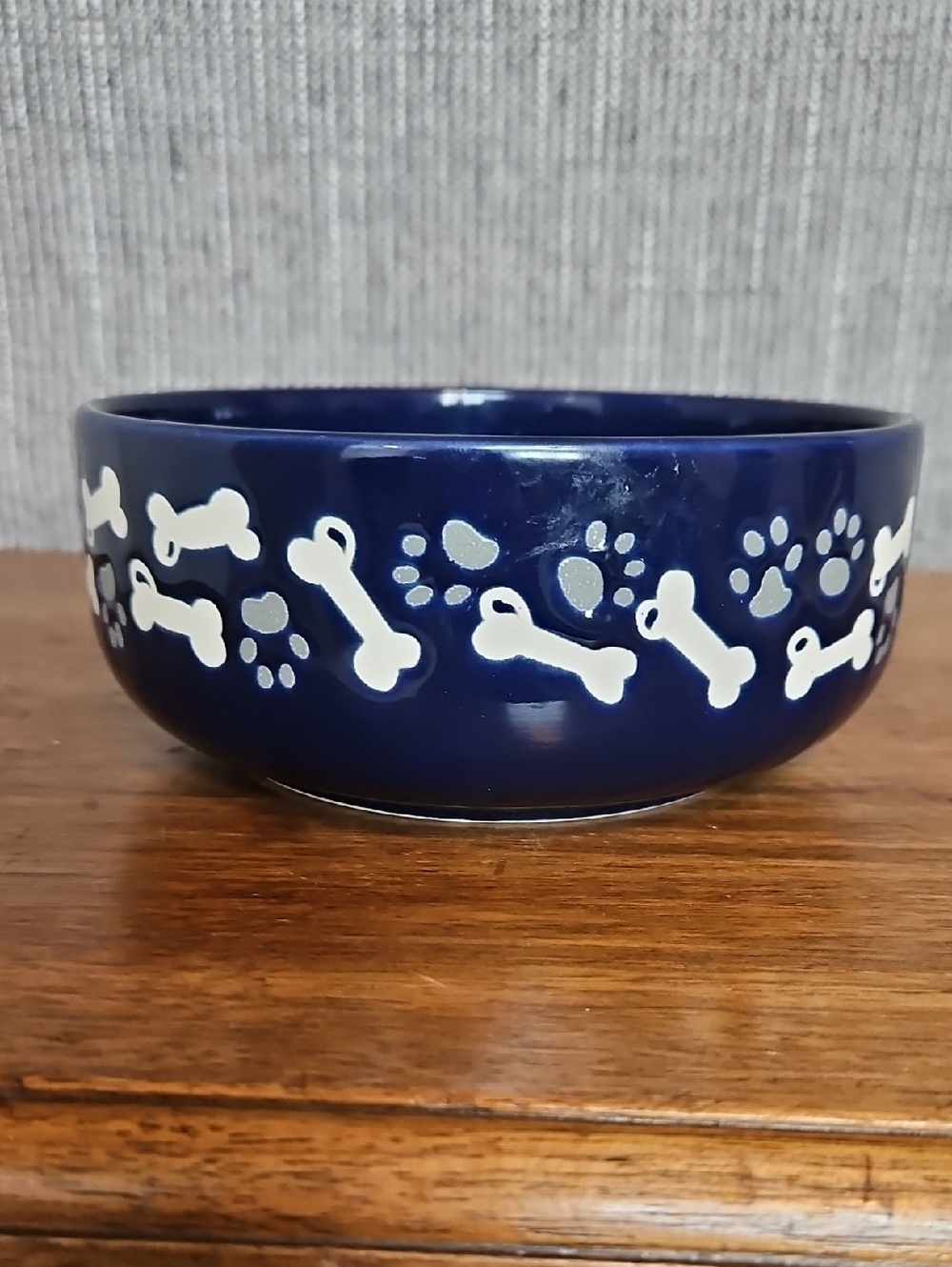 Ceramic Dog Bowl with White Paw & Bone Design - Dark Blue